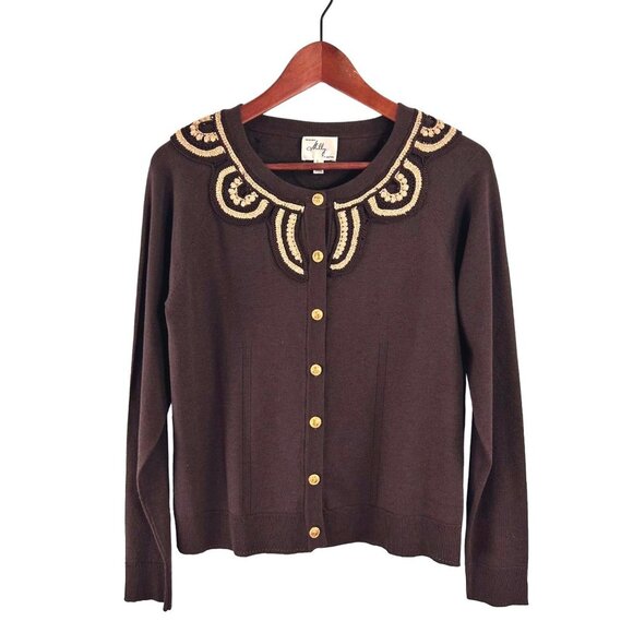 Milly of New York Cardigan Sweater Large Brown Silk Gold Crochet Embroidery Chic - Picture 1 of 15